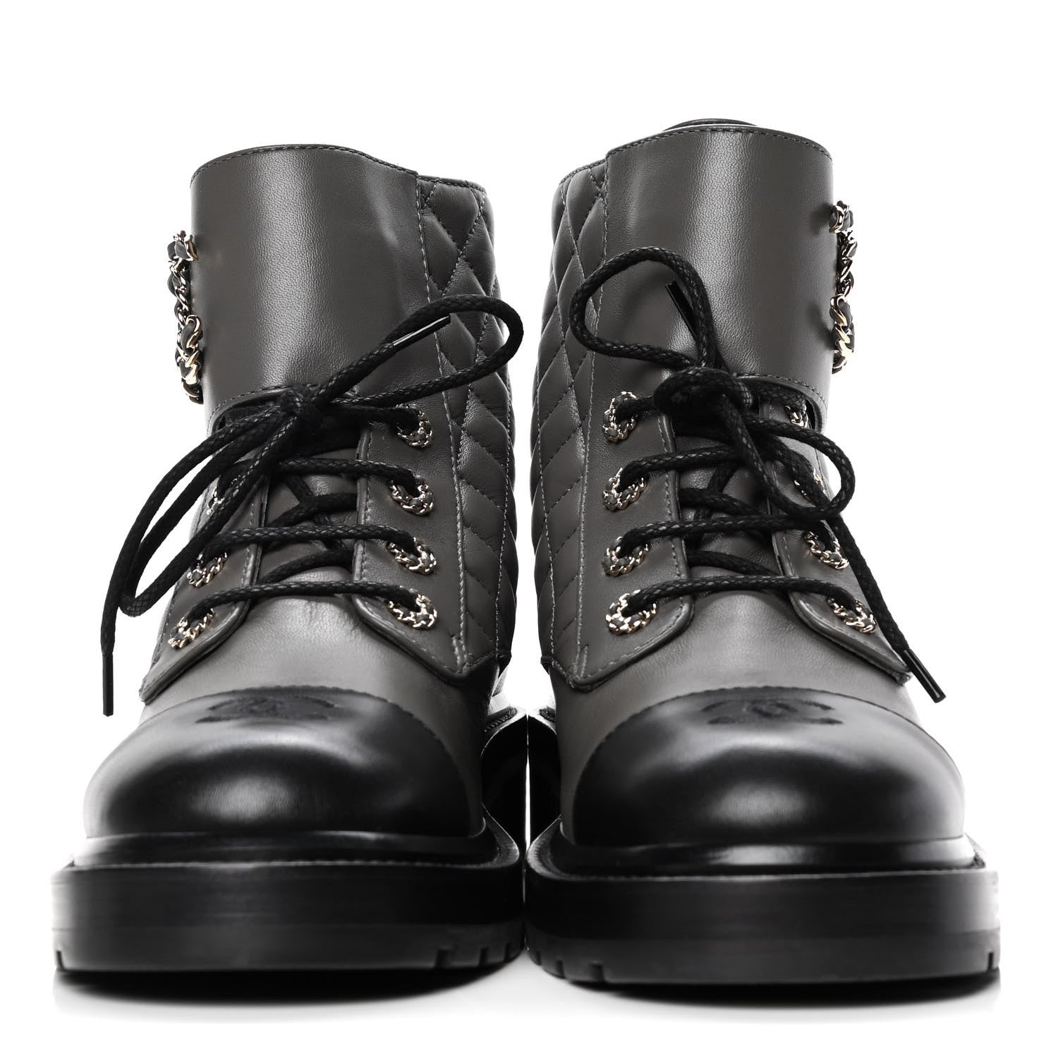 Chanel Shiny Lambskin Quilted Lace Up Combat Boots 40.5 Grey Black 2 of 4