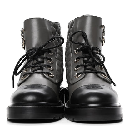Chanel Shiny Lambskin Quilted Lace Up Combat Boots 40.5 Grey Black 2 of 4