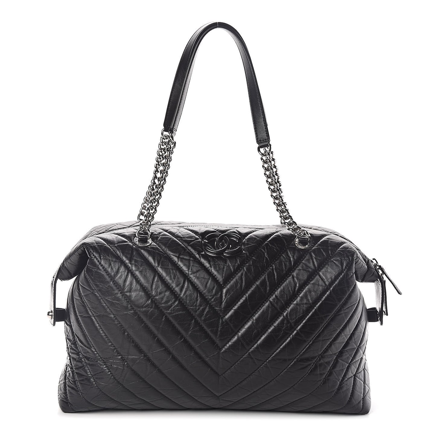 Aged Calfskin Chevron Quilted Duffle Bag Black