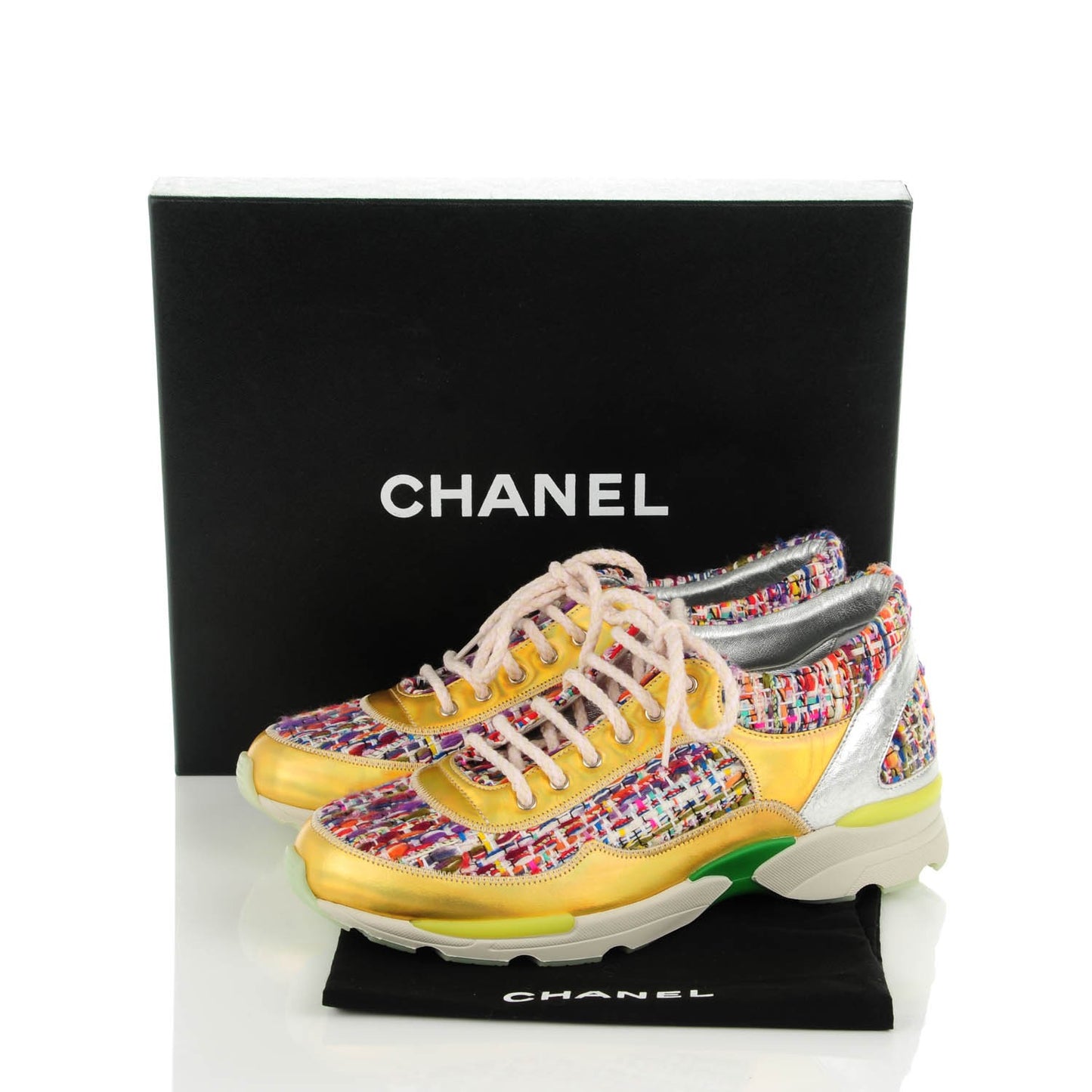 Tweed Lambskin Runway Sneakers 38 Silver Multicolor