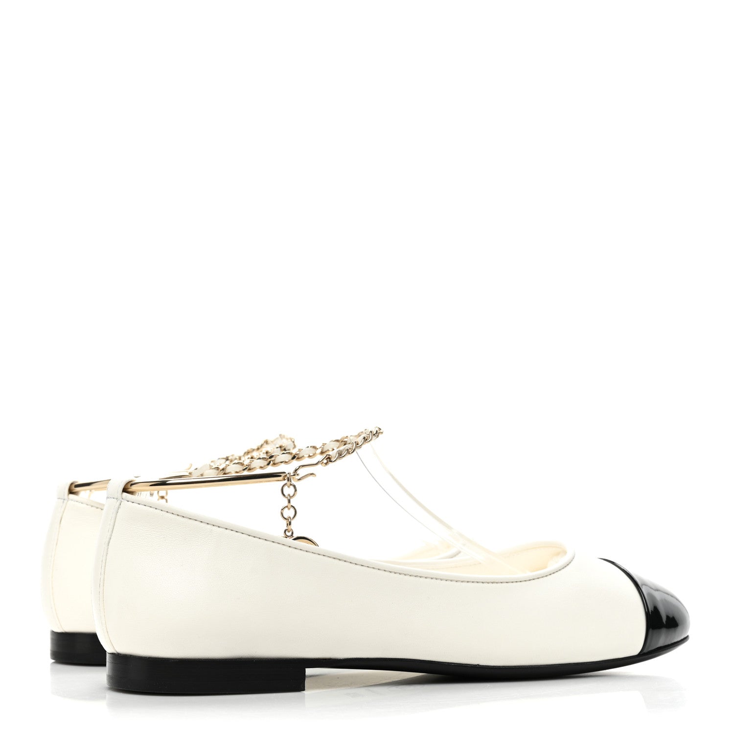 Chanel Lambskin Patent Calfskin Cap Toe Ankle Chain Ballerina Flats 37.5 White Black 4 of 9