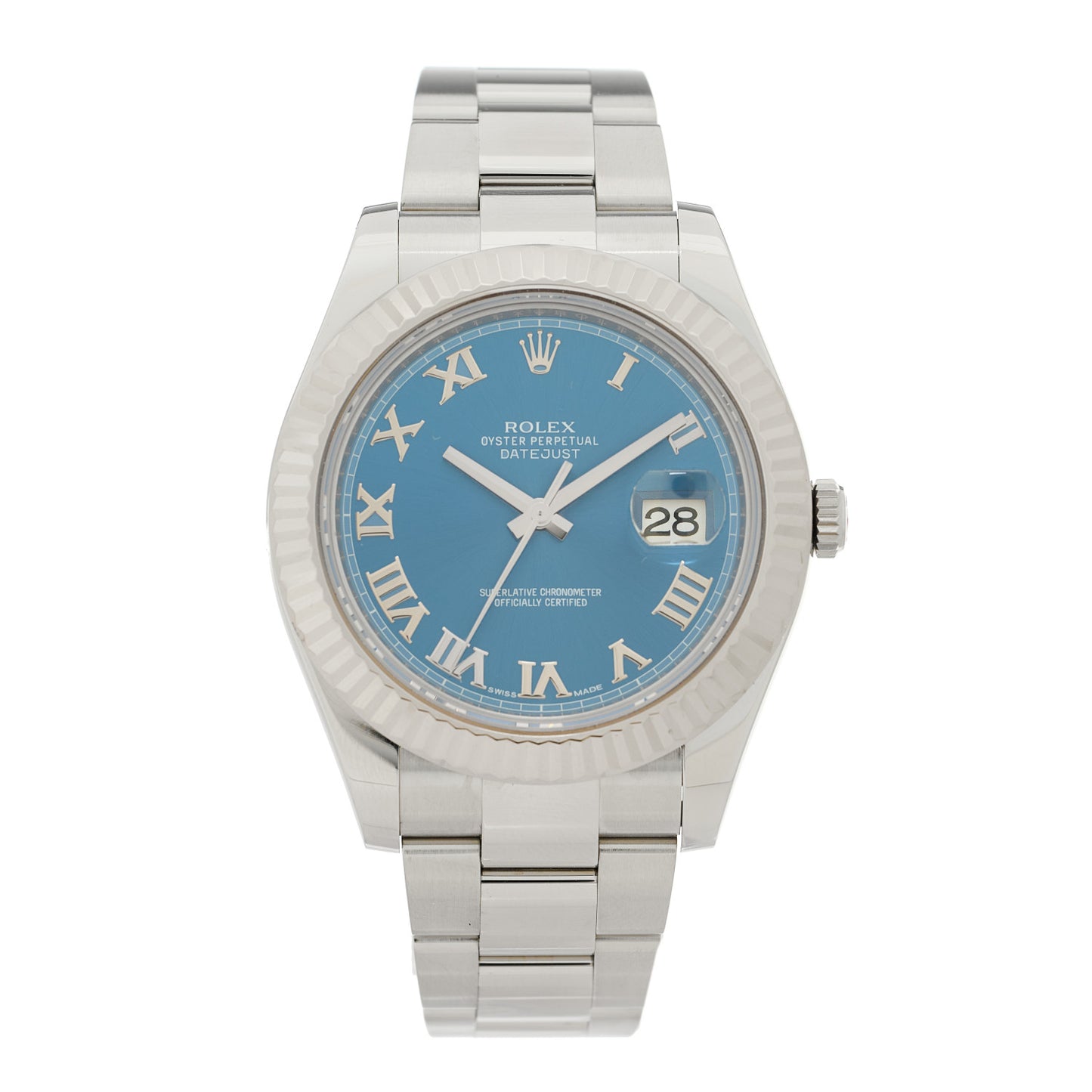 Stainless Steel 18K White Gold 41mm Oyster Perpetual Datejust Watch Blue Roman 116334