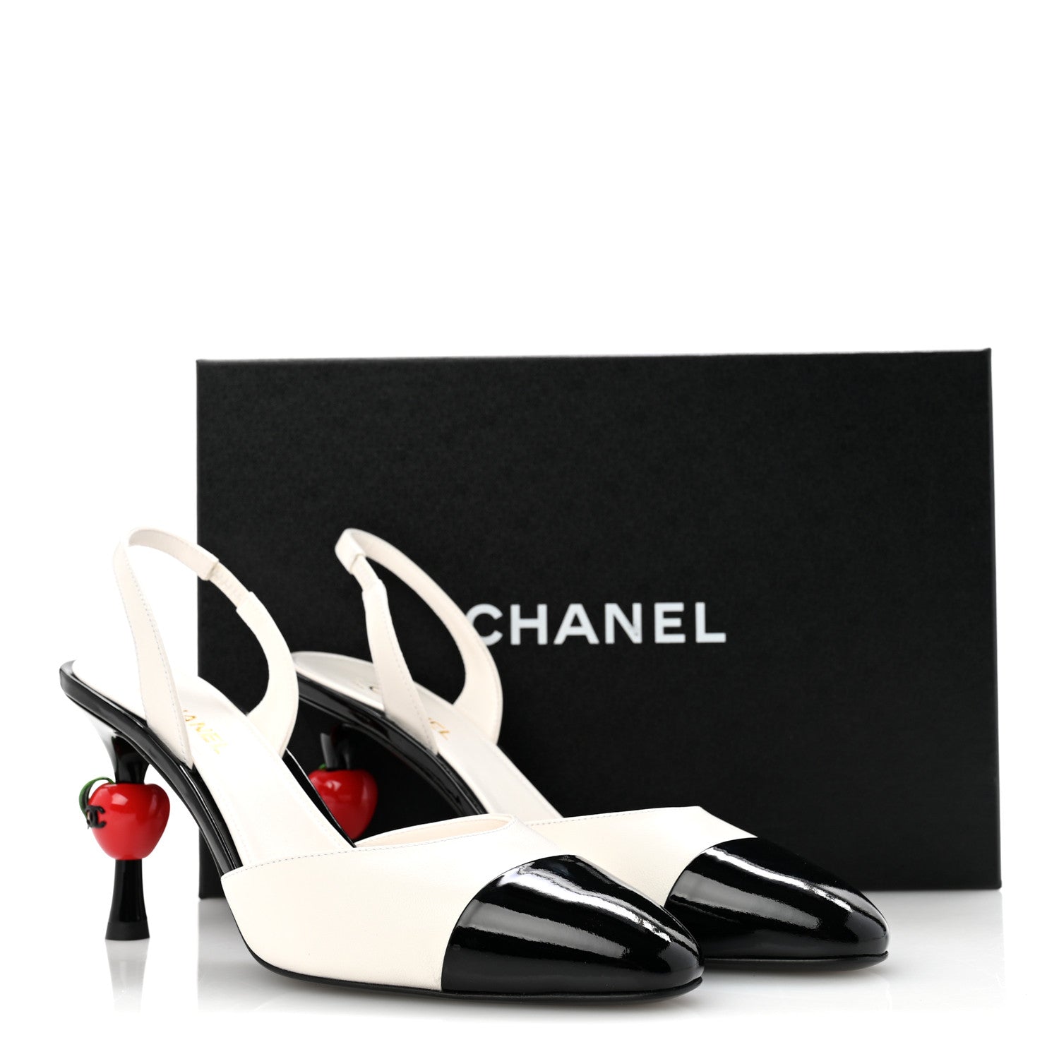 Chanel Lambskin Patent Cap Toe CC Apple Slingback Pumps 38.5 White Black 10 of 10