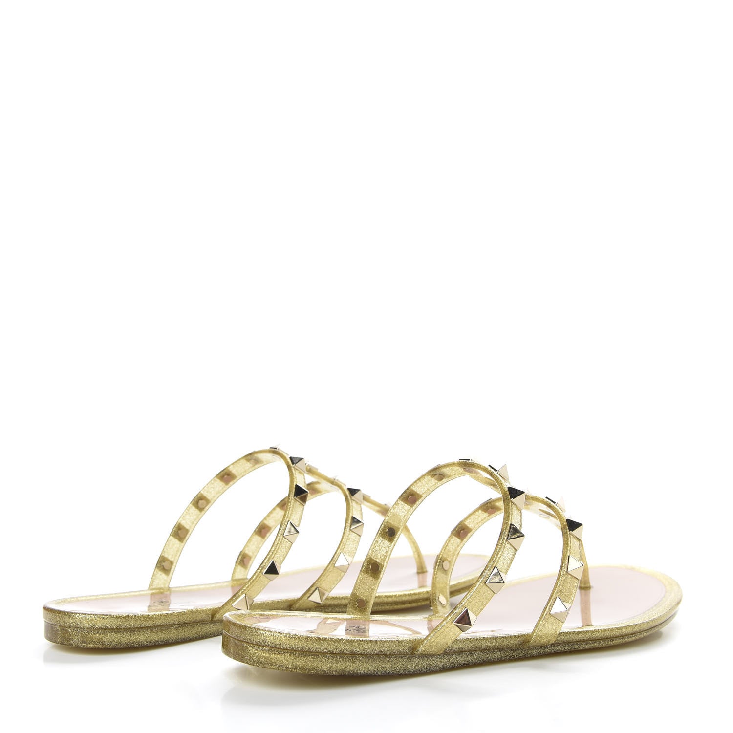 Valentino Garavani PVC Jelly Glitter Rockstud Caged Flat Thong Sandals 37 Oro 4 of 9