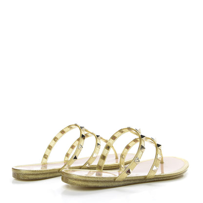 Valentino Garavani PVC Jelly Glitter Rockstud Caged Flat Thong Sandals 37 Oro 4 of 9