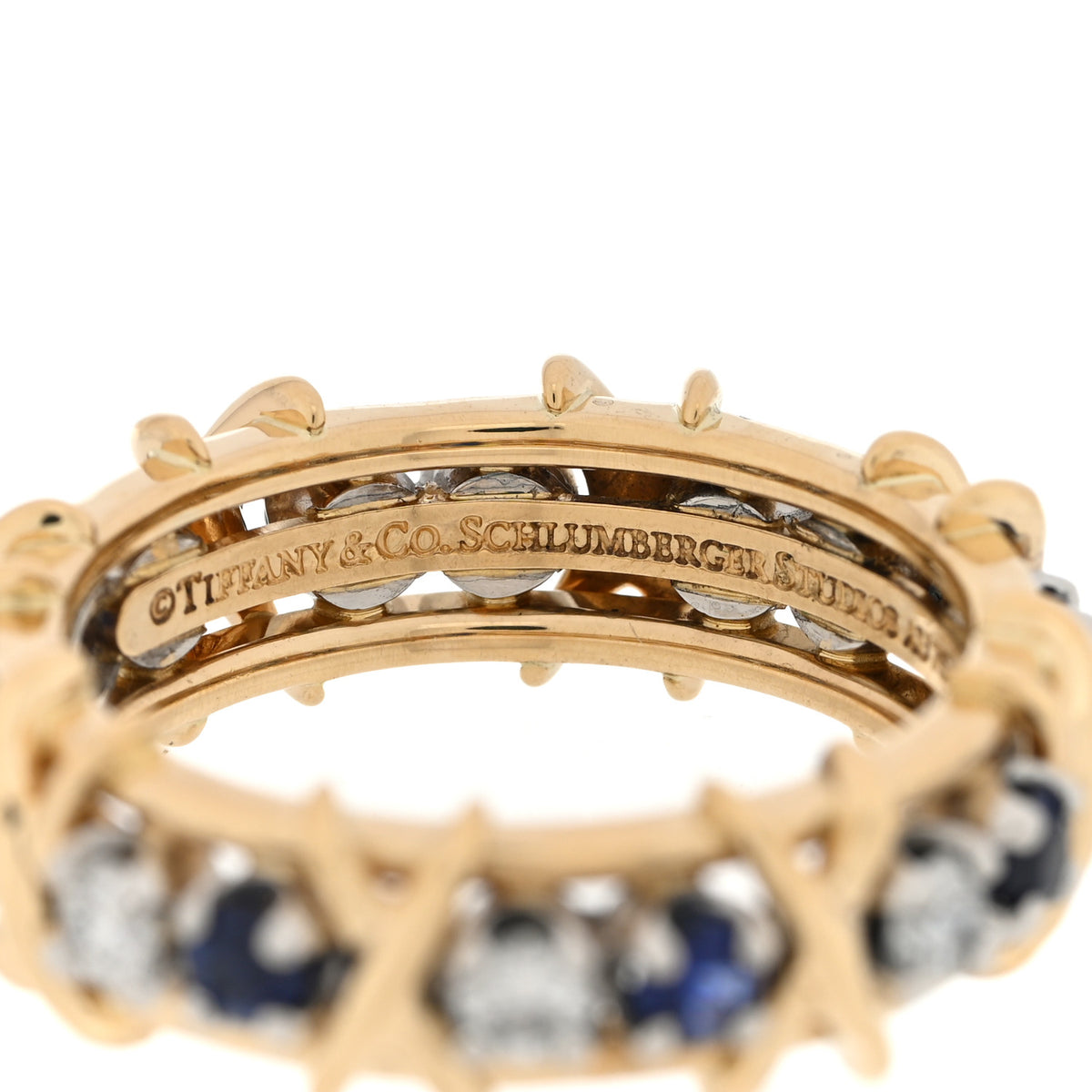 18K Yellow Gold Diamond Blue Sapphire Schlumberger Sixteen Stone Ring 57 8