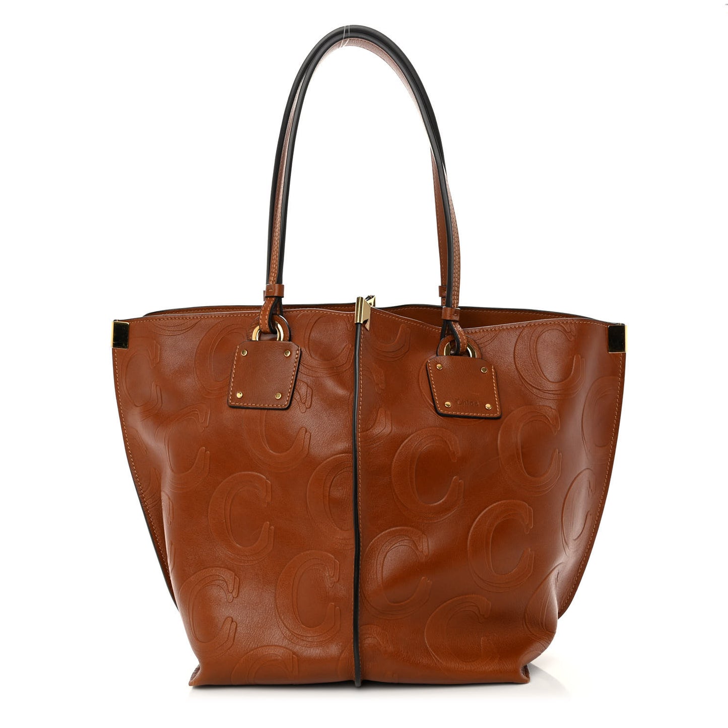 Smooth Calfskin C Embossed Medium Vick Tote Caramel
