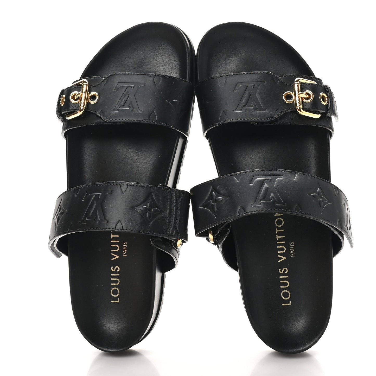 Lambskin Embossed Monogram Bom Dia Flat Mule Sandals 38 Black
