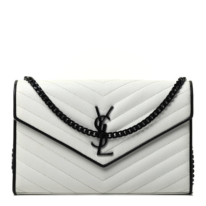 Saint Laurent Grain De Poudre Matelasse Monogram Chain Wallet White Black 1 of 4