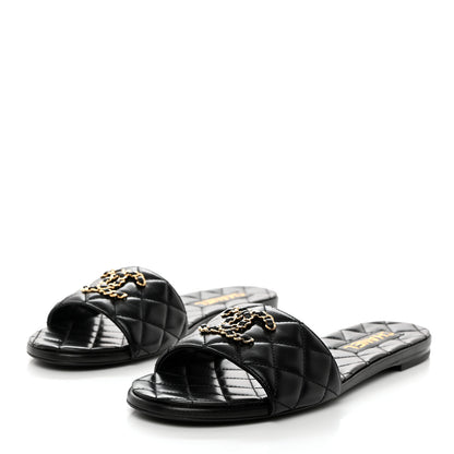 Chanel Shiny Goatskin Quilted CC Mules Sandals 40.5 Black 3 of 8
