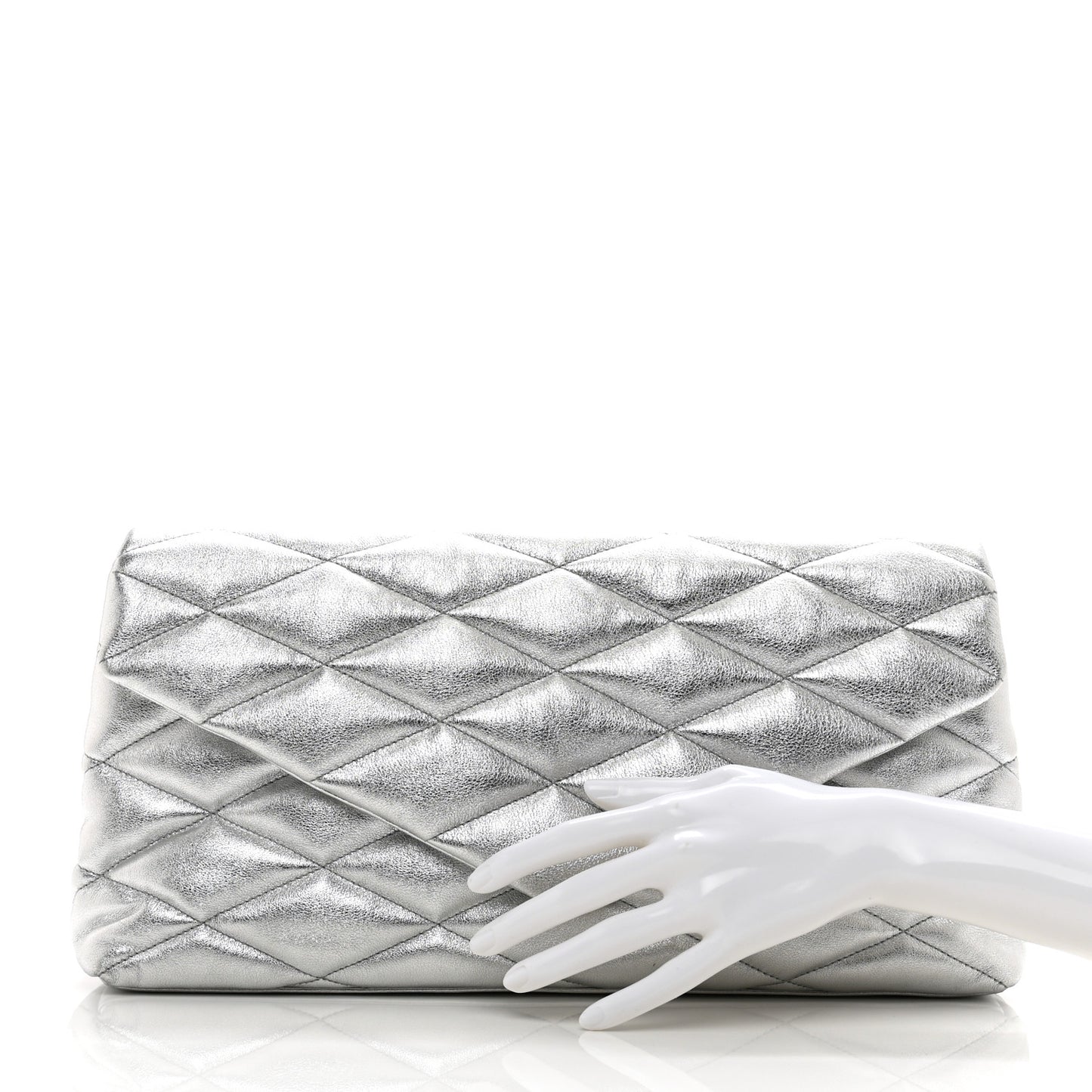 Metallic Lambskin Quilted Sade Puffer Envelope Clutch Argento