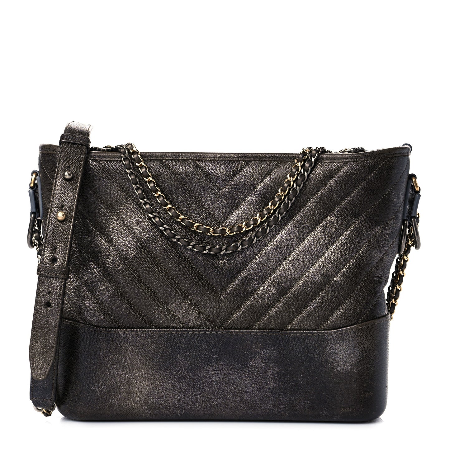Metallic Caviar Chevron Quilted Medium Gabrielle Hobo Dark Silver Gold