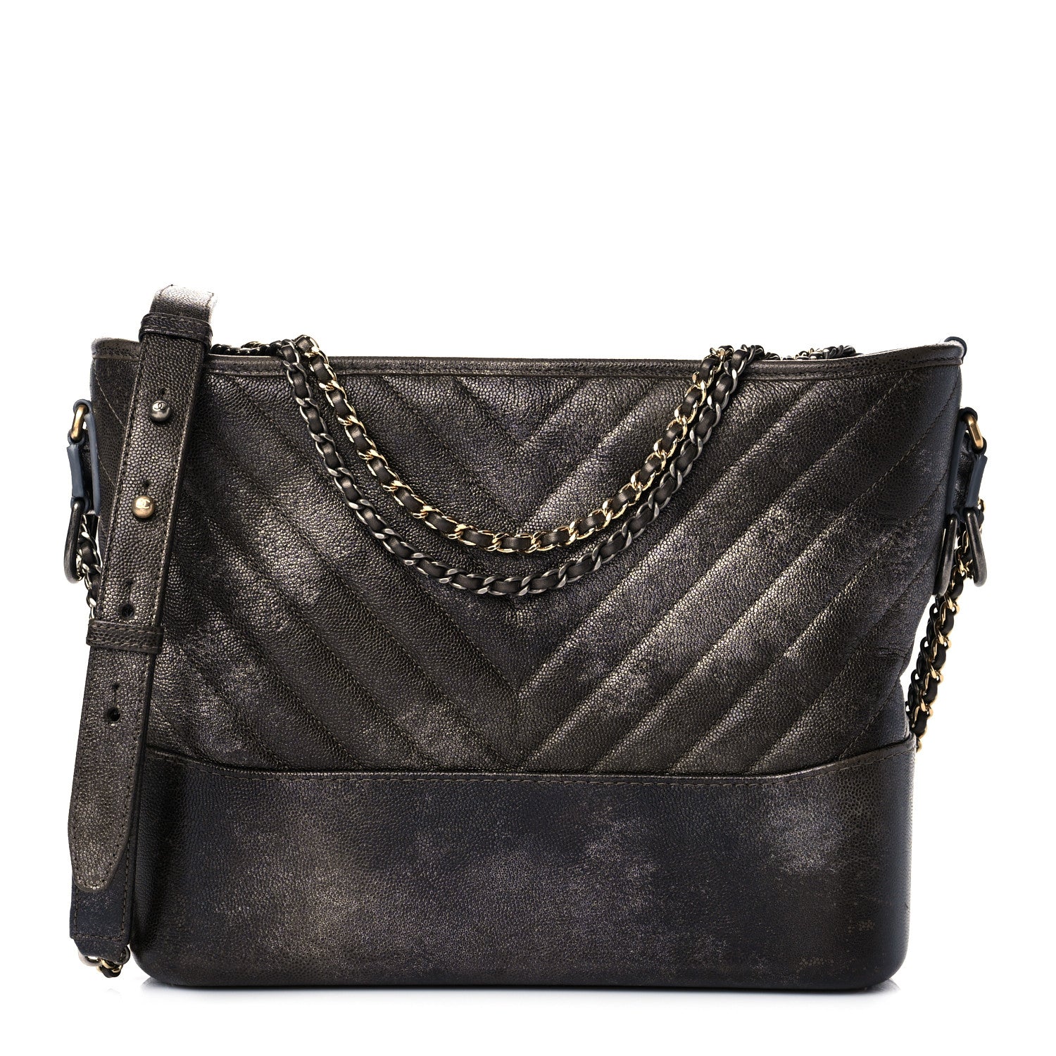 Chanel Metallic Caviar Chevron Quilted Medium Gabrielle Hobo Dark Silver Gold 1 of 16
