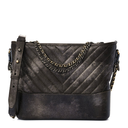 Chanel Metallic Caviar Chevron Quilted Medium Gabrielle Hobo Dark Silver Gold 1 of 16
