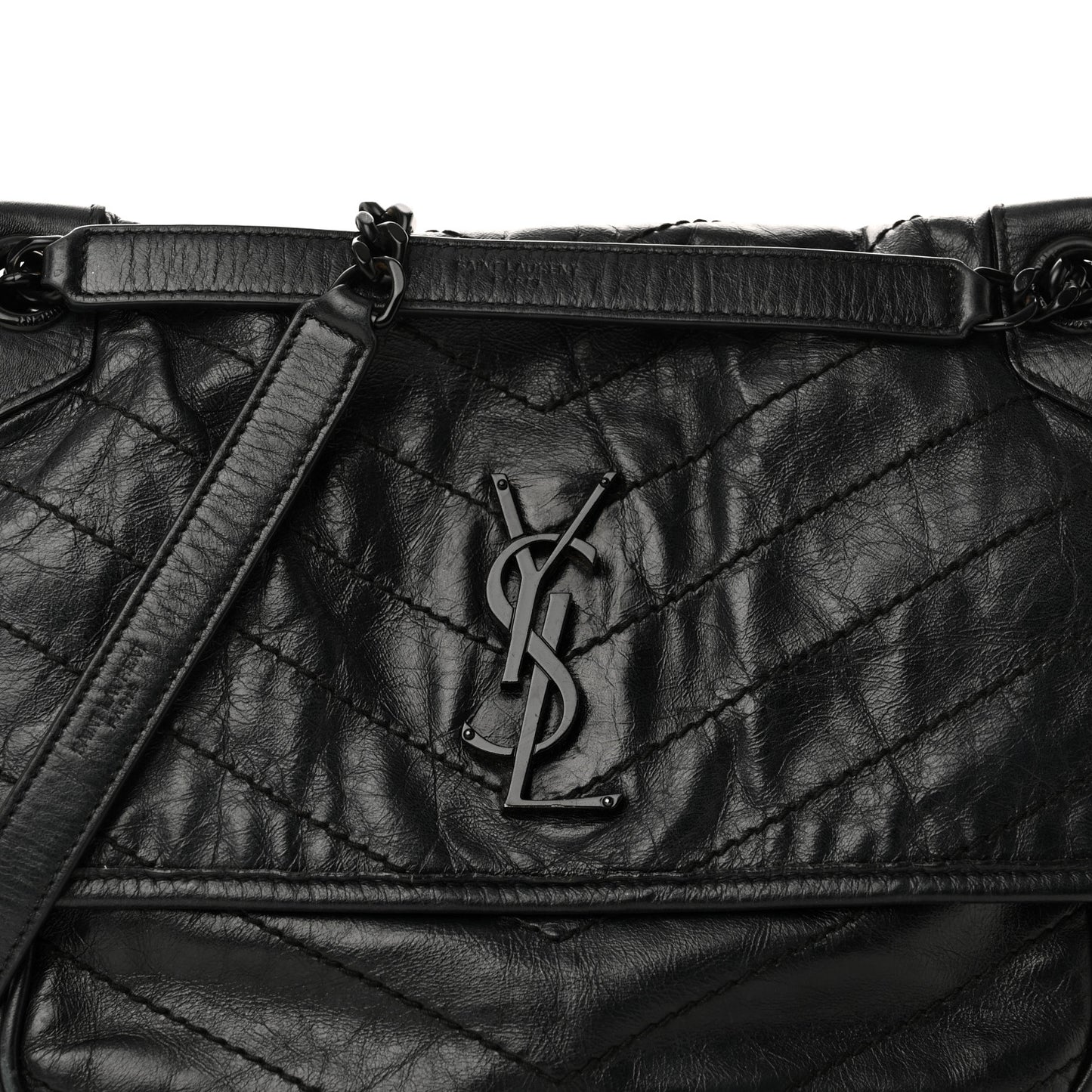Crinkled Calfskin Matelasse Monogram Medium Niki Chain Satchel Black