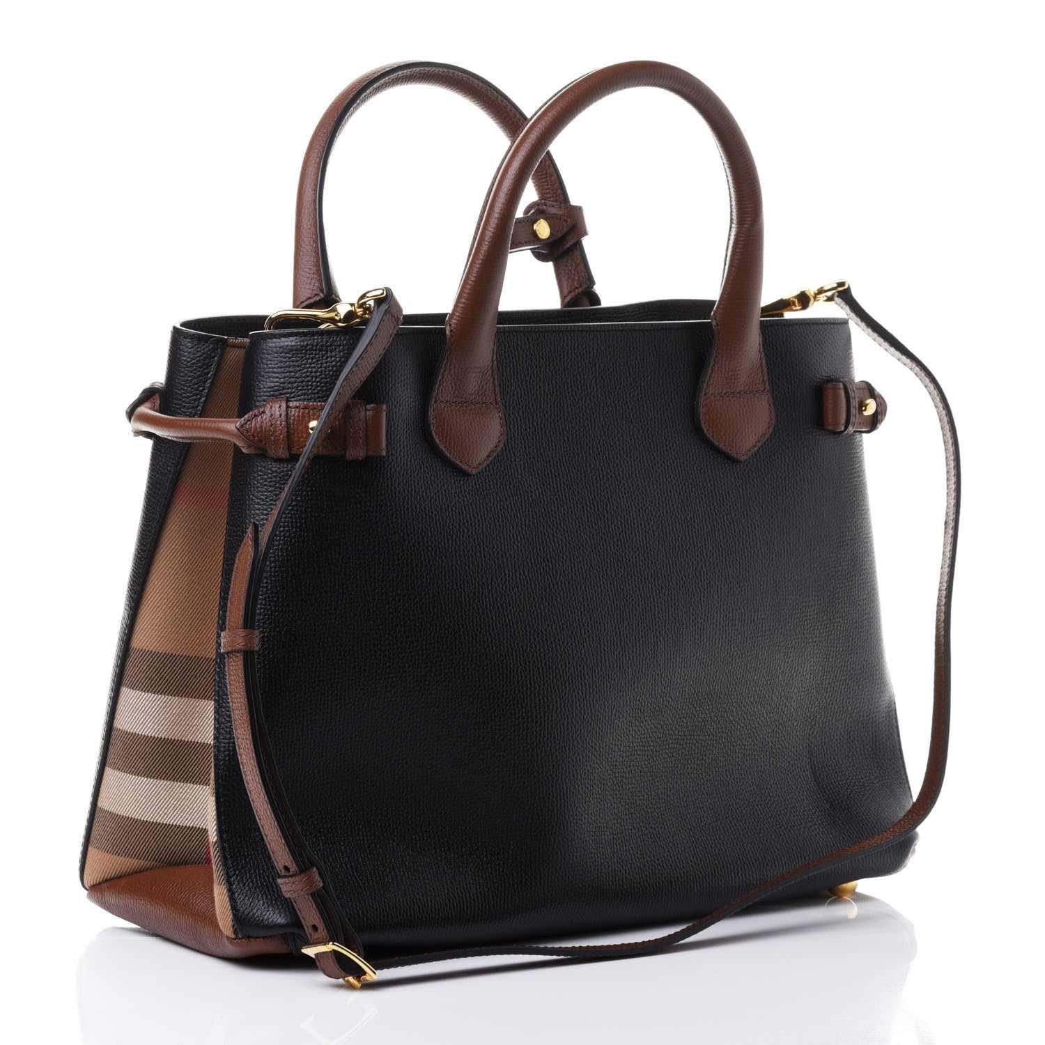 Burberry Grainy Calfskin House Check Two Tone Medium Banner Tote Black Brown 2 of 4