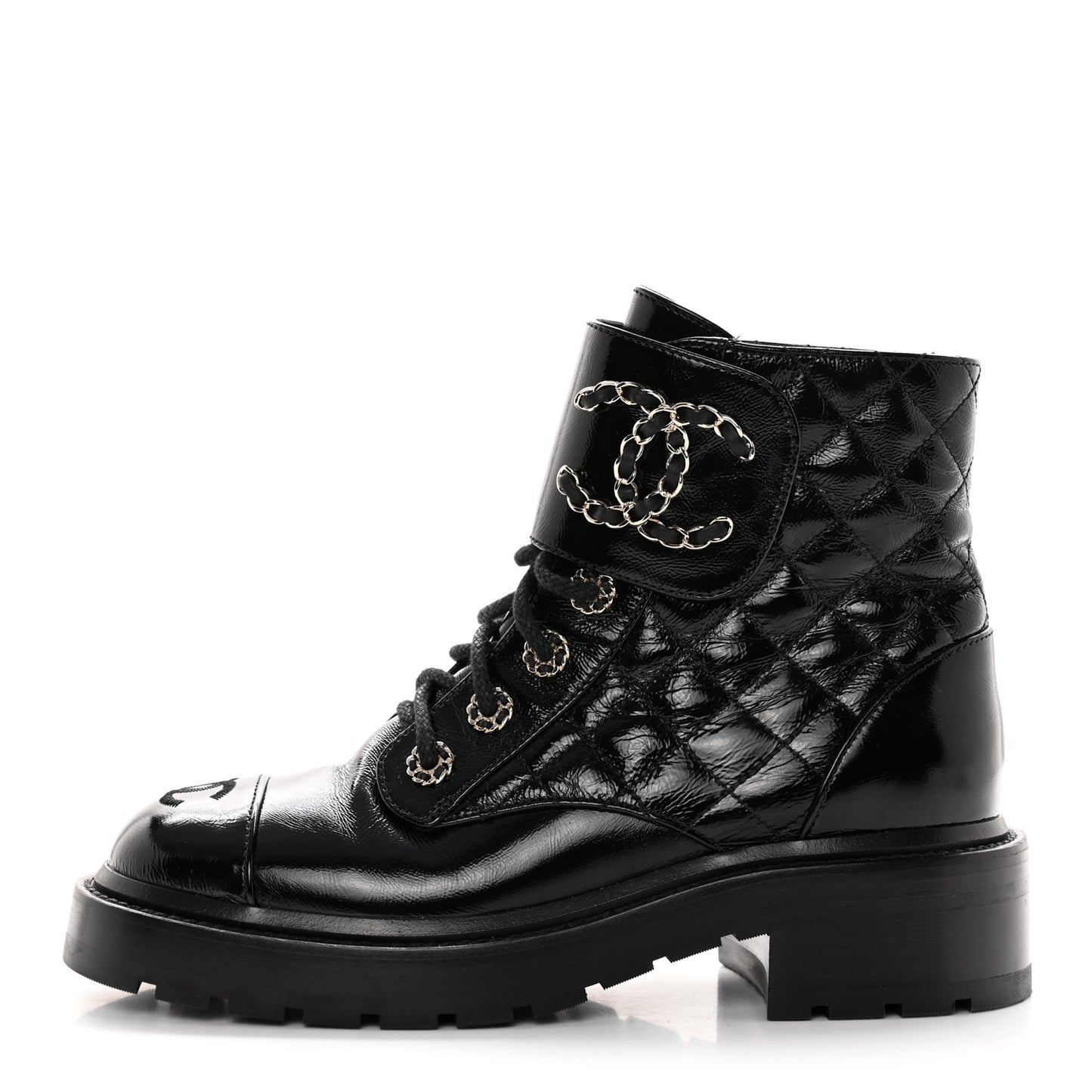 Shiny Calfskin Quilted Lace Up Combat Boots 36.5 Black