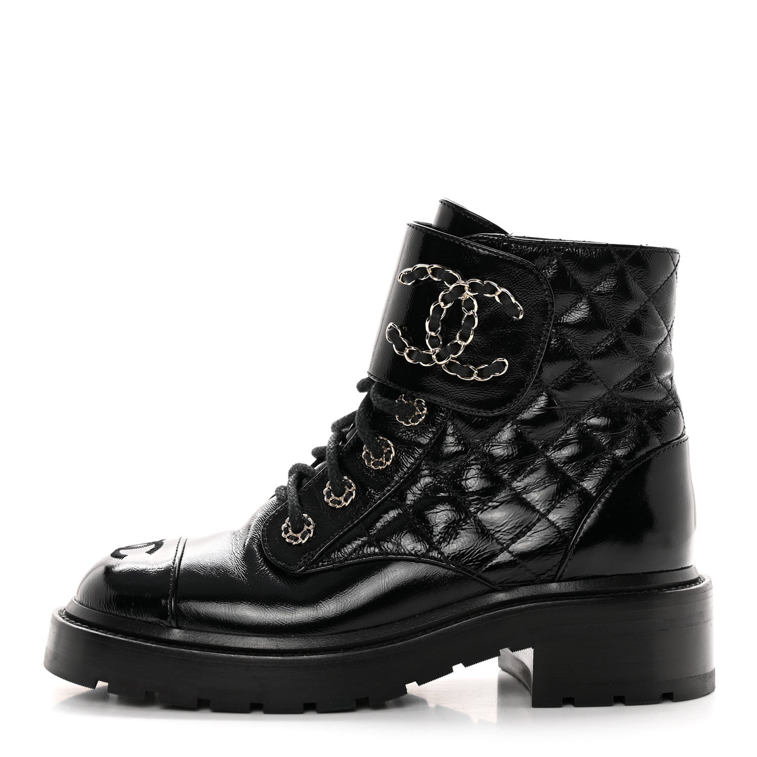 Chanel Shiny Calfskin Quilted Lace Up Combat Boots 36.5 Black 1 of 11