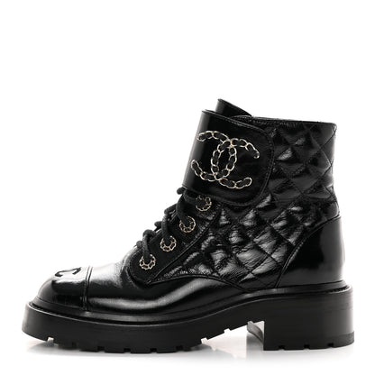 Chanel Shiny Calfskin Quilted Lace Up Combat Boots 36.5 Black 1 of 11