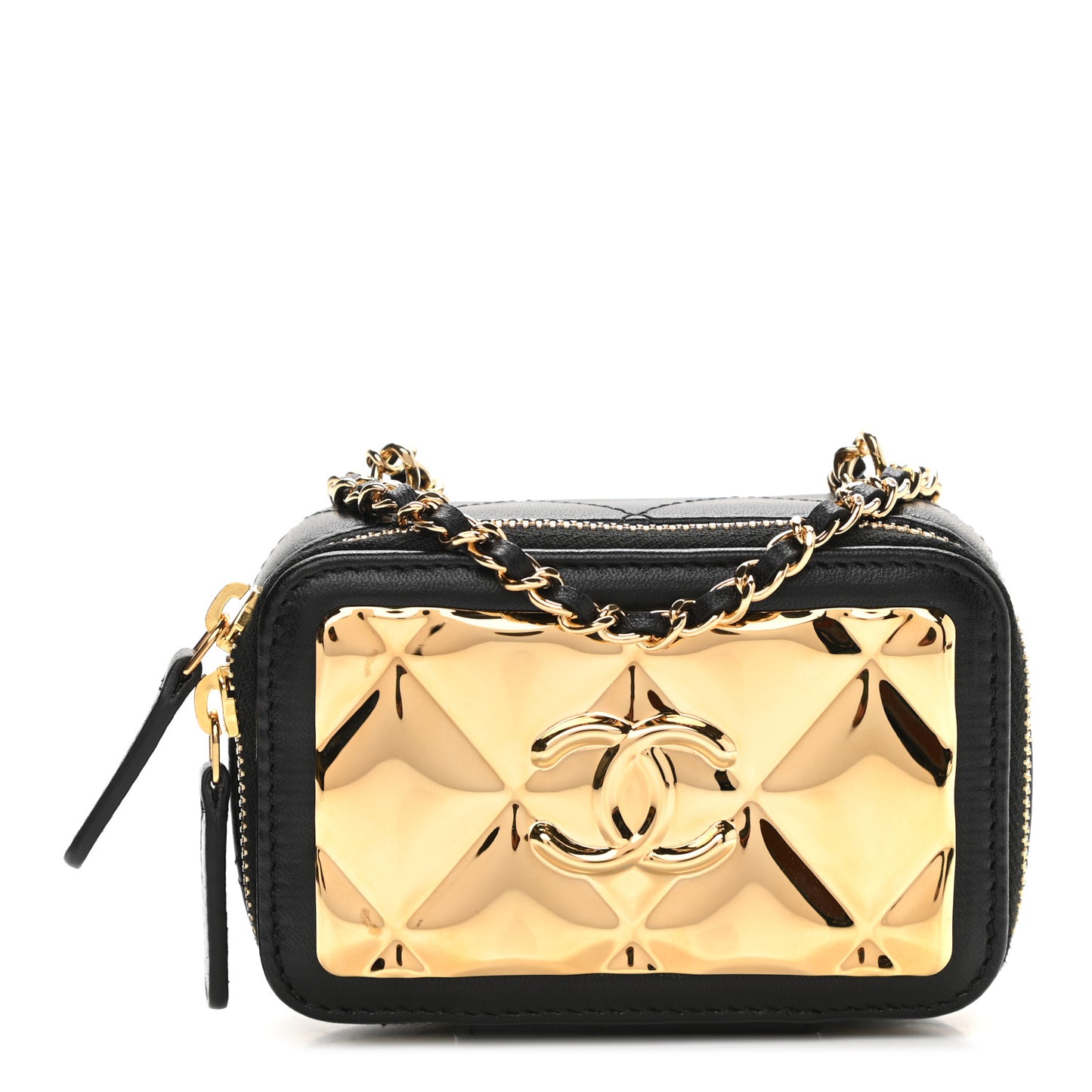 Lambskin Metal Quilted Extra Mini Vanity Case With Chain Black Gold