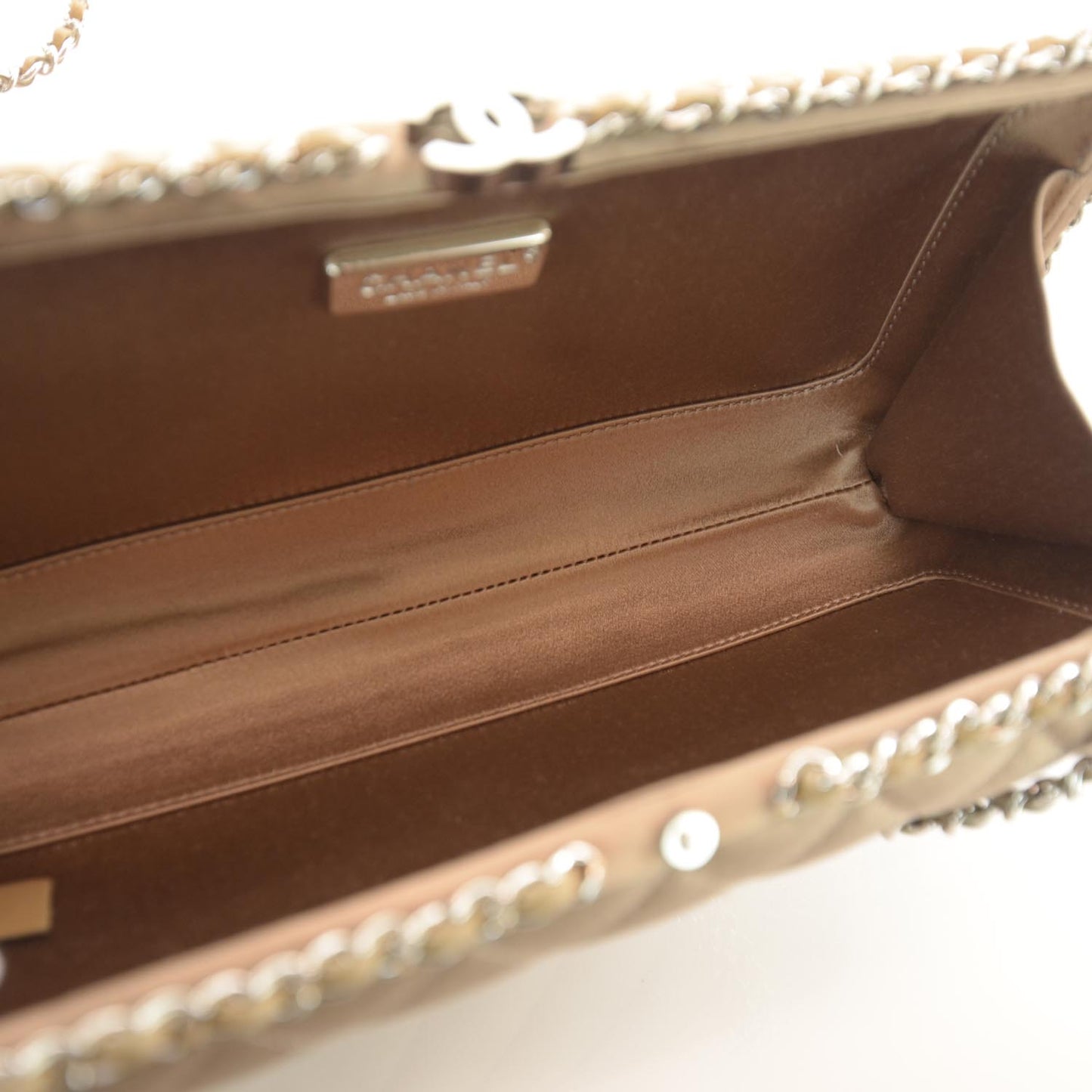Satin Quilted Chain Around Clutch Beige