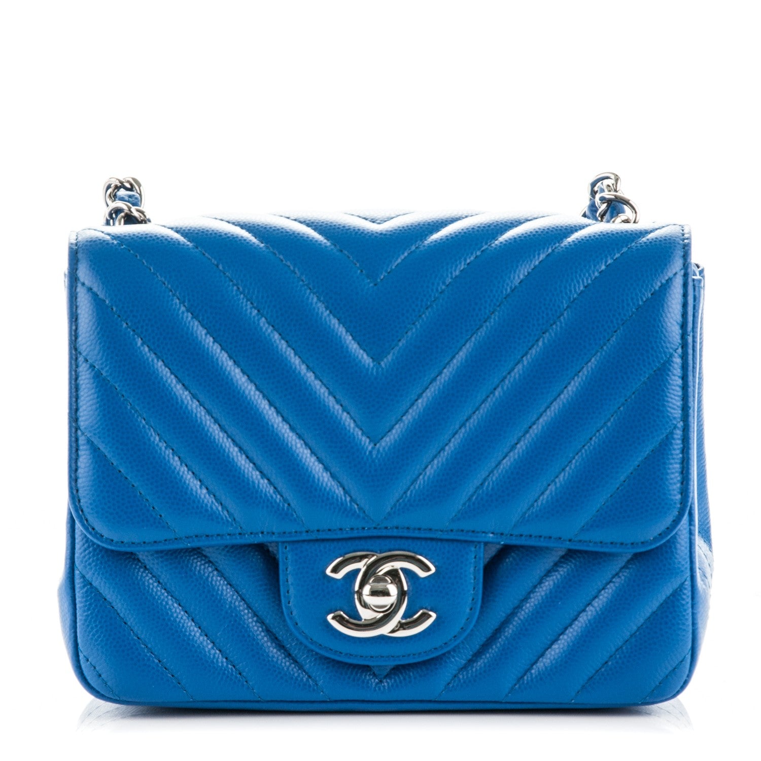 Chanel Caviar Chevron Quilted Mini Square Flap Blue 1 of 8