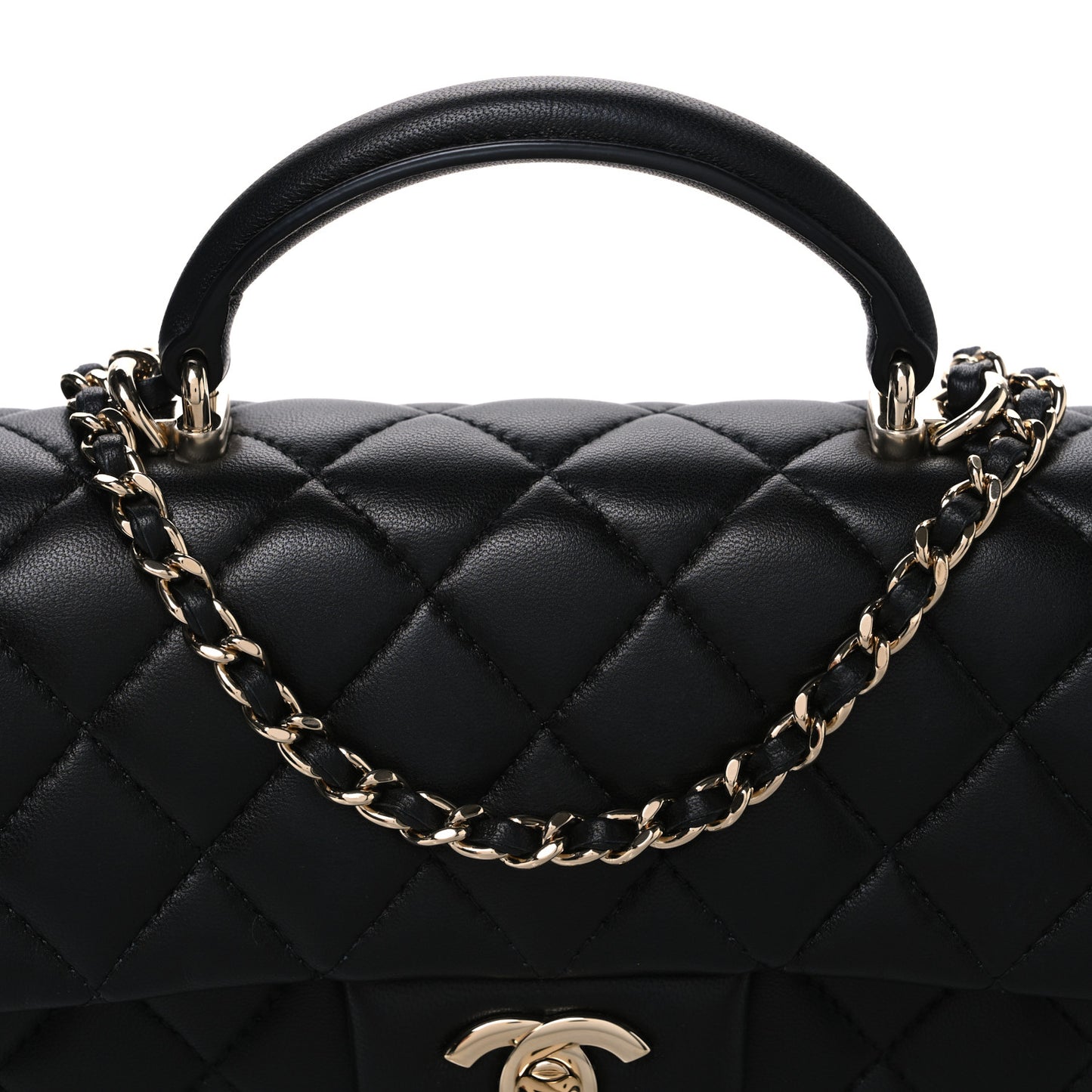 Lambskin Quilted Top Handle East West Flap Black