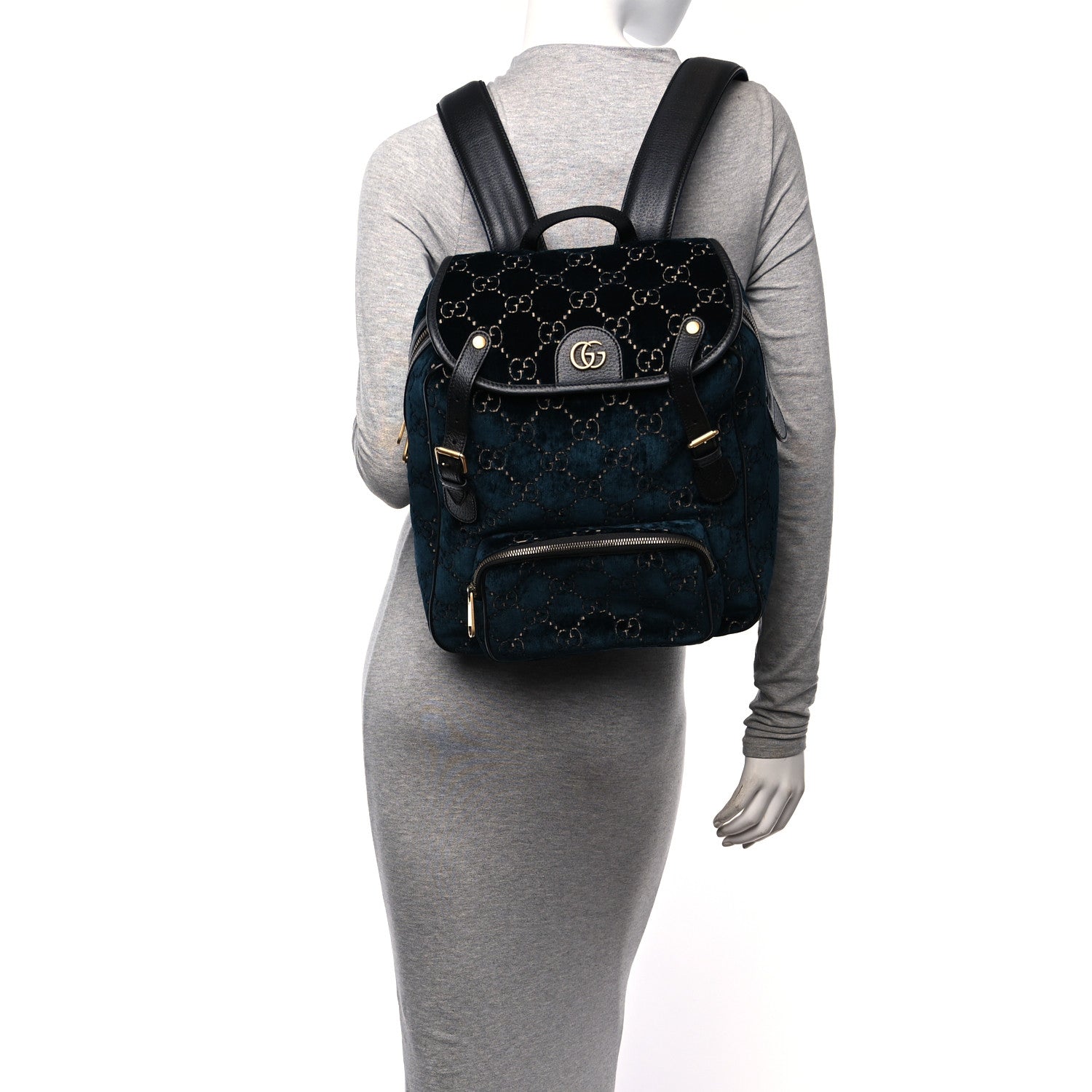 Gucci Velvet GG Monogram Textured Calfskin Web Small Double Buckle Backpack Blue Beige Black 2 of 10