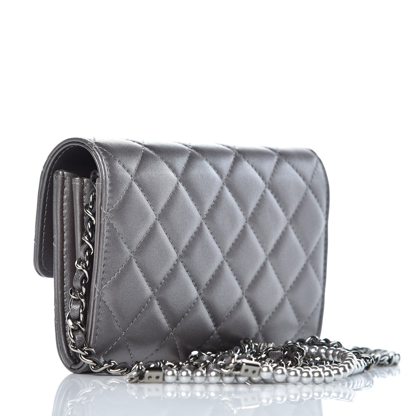 Lambskin Quilted Pearl My Shoulder Mini French Wallet On Chain WOC Silver