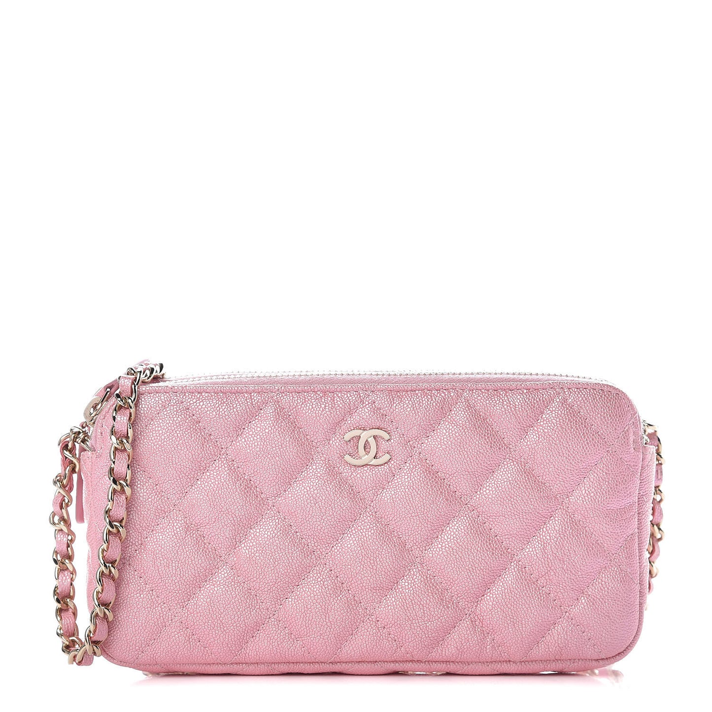 Iridescent Caviar Quilted Small Clutch With Chain Pink