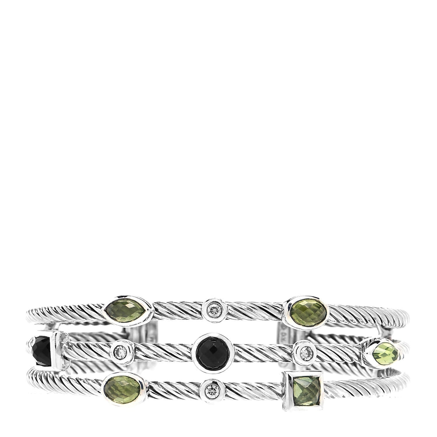 Sterling Silver Diamond Peridot Green Tourmaline Three Row Confetti Cuff Bracelet