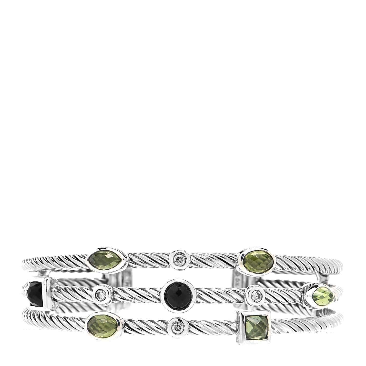 David Yurman Sterling Silver Diamond Peridot Green Tourmaline Three Row Confetti Cuff Bracelet 1 of 4