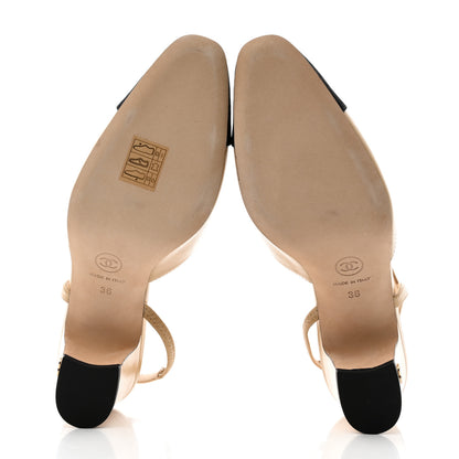 Chanel Goatskin Grosgrain Cap Toe CC Slingback Pumps 36 Beige Black 5 of 9