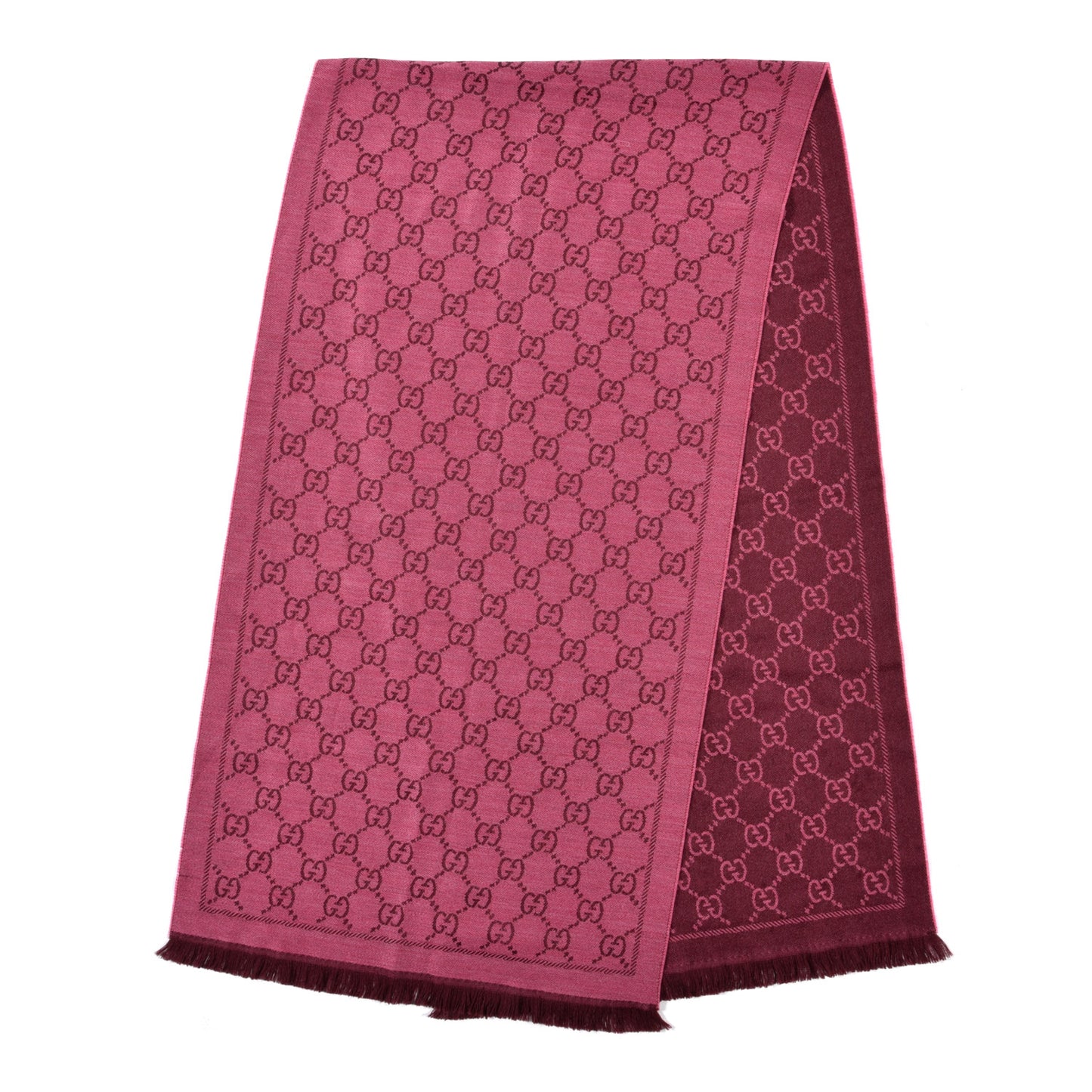 Wool Jacquard Monogram Reversible Stencil Fringe Scarf Pink Red