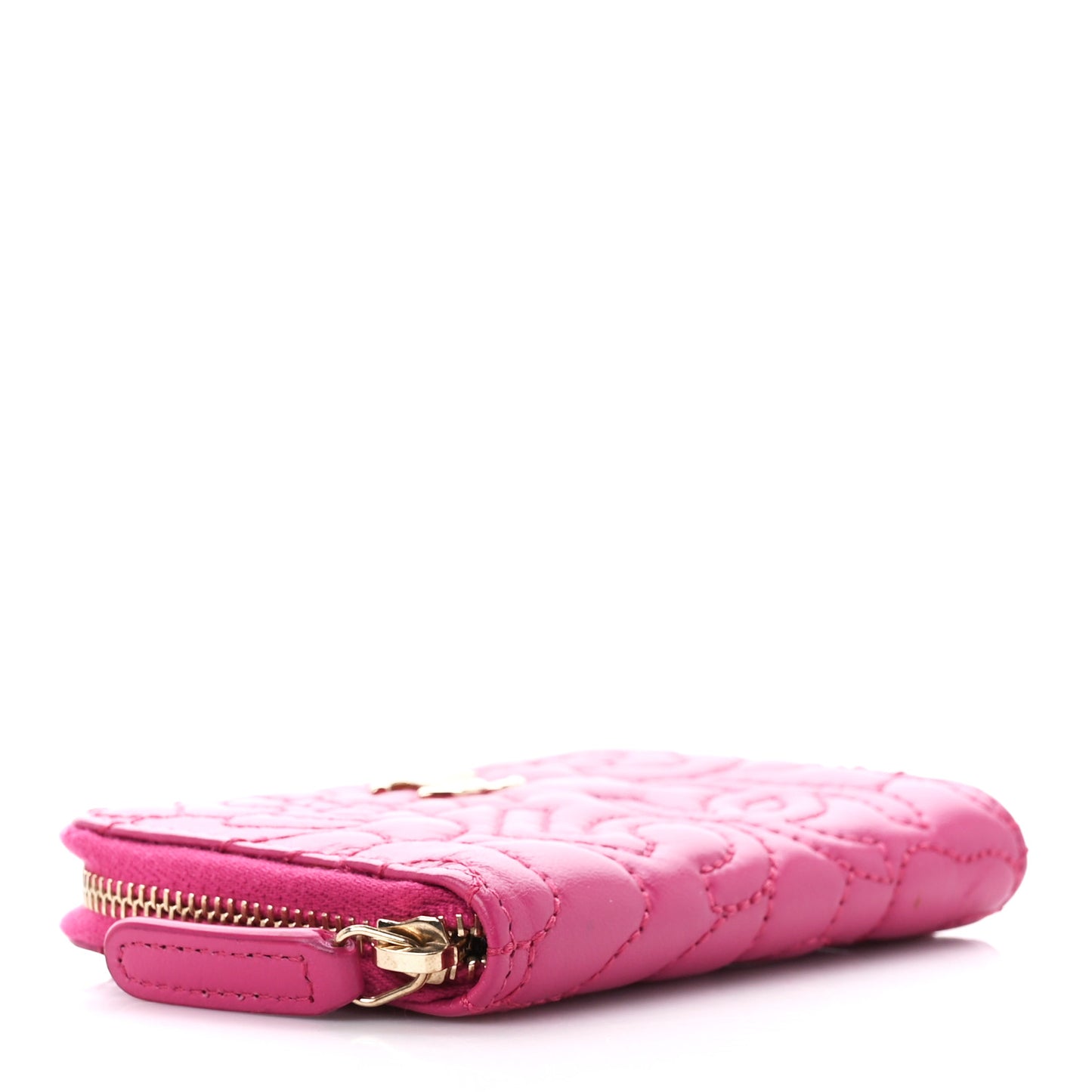 Lambskin Camellia Embossed Zip Coin Purse Fuchsia