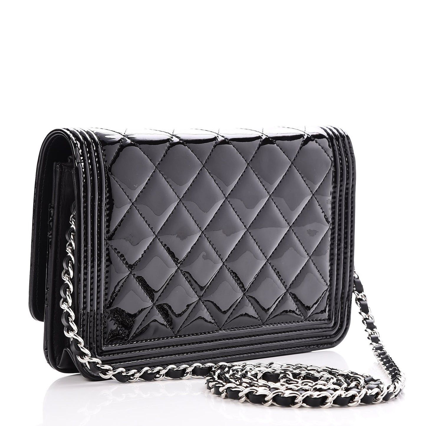Patent Calfskin Quilted Boy Wallet On Chain WOC Black