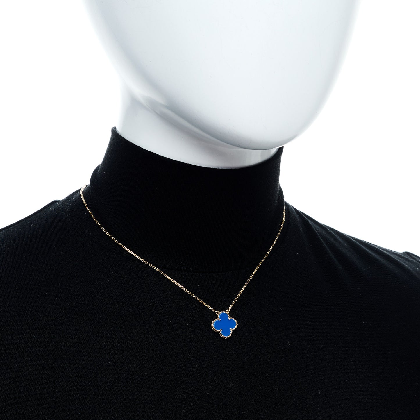 18K Yellow Gold Blue Agate Vintage Alhambra Pendant Necklace