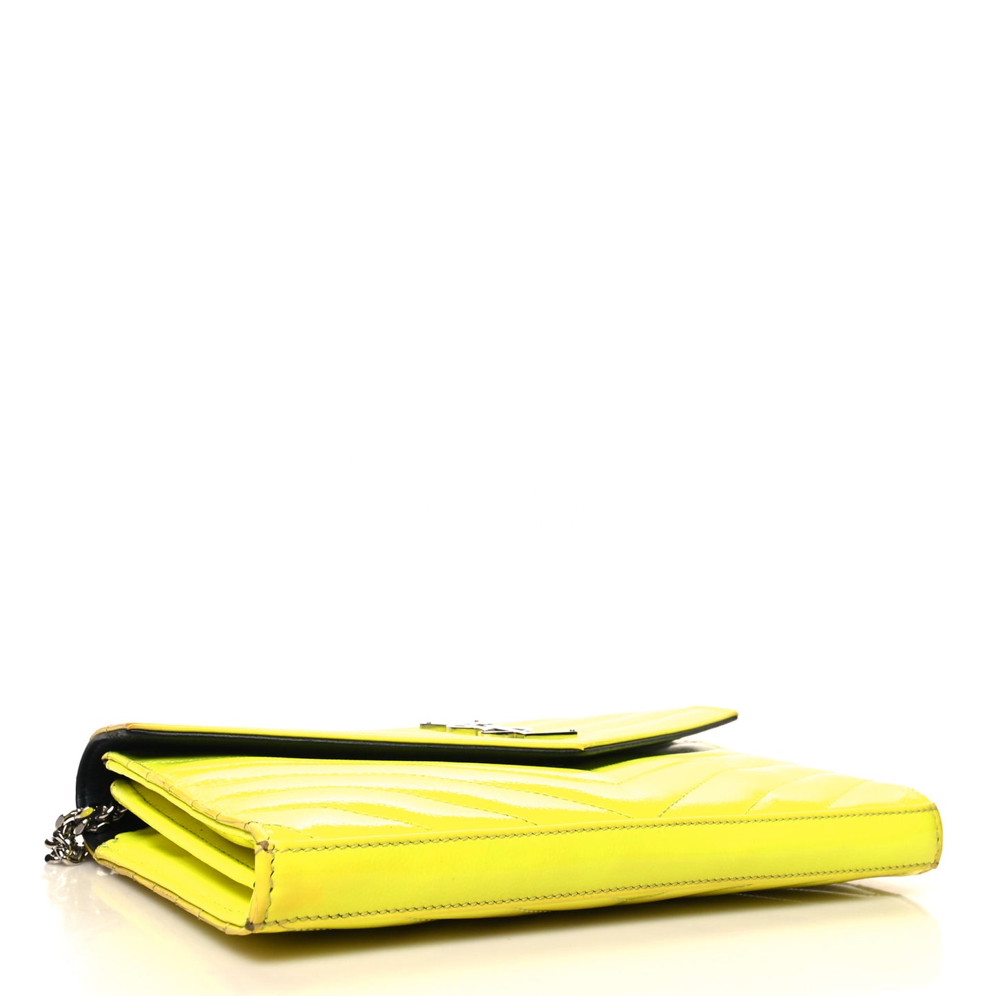 Patent Grain De Poudre Matelasse Chevron Monogram Chain Wallet Neon Yellow