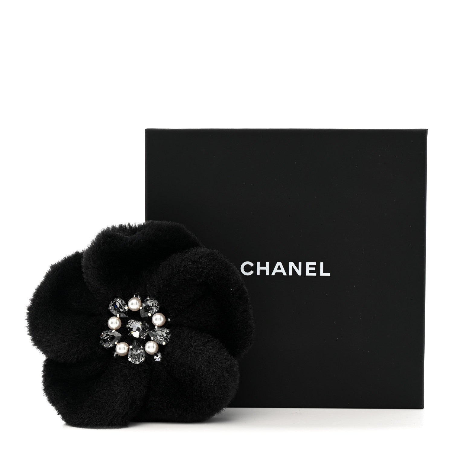 Chanel Faux Fur Strass Camellia Brooch Black 5 of 5