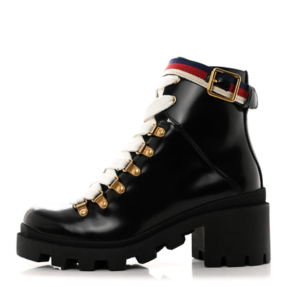 Gucci Calfskin Sylvie Web Womens Lace Up Combat Boots 35.5 Black 1 of 9