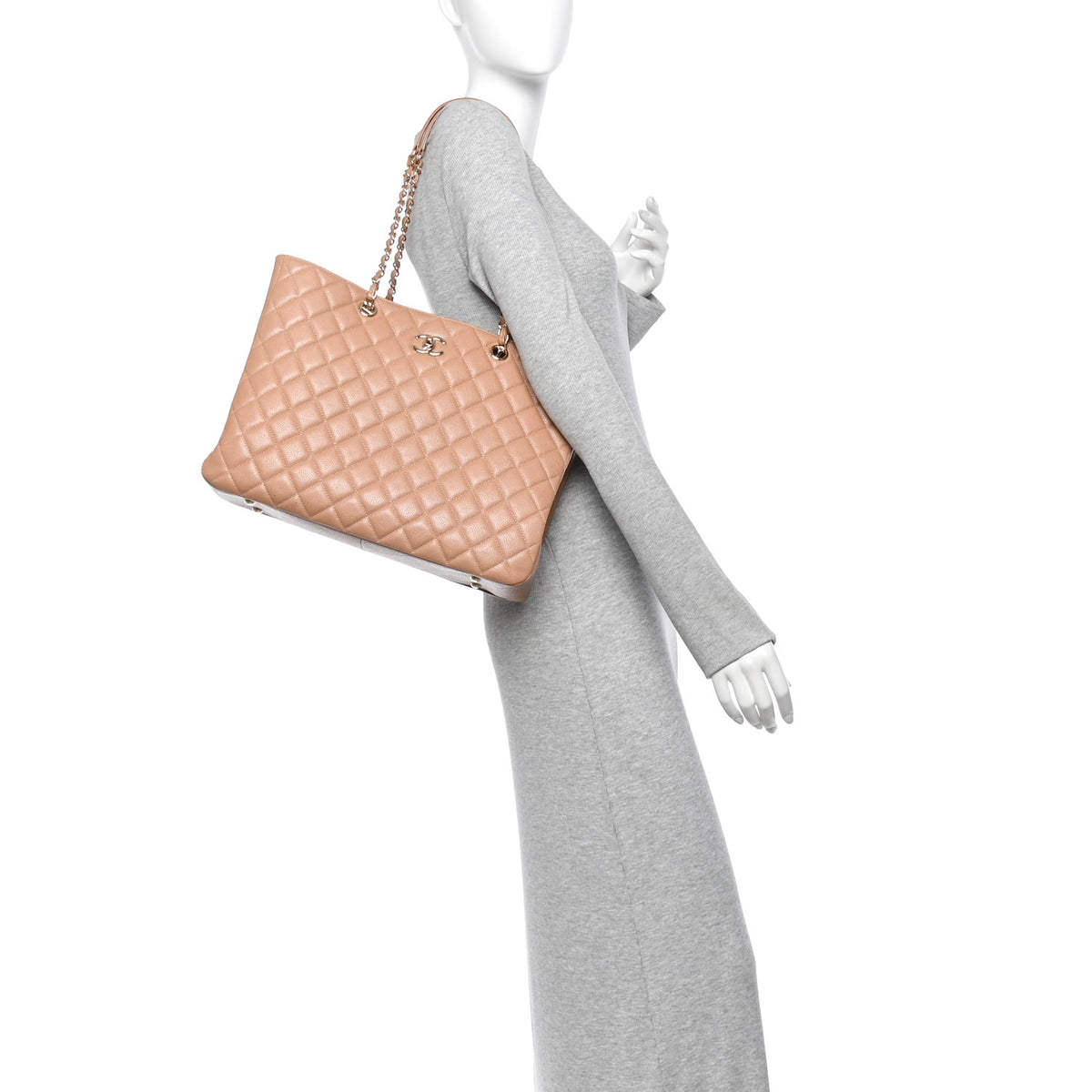 Caviar Quilted Large Classic Shopping Tote Dark Beige