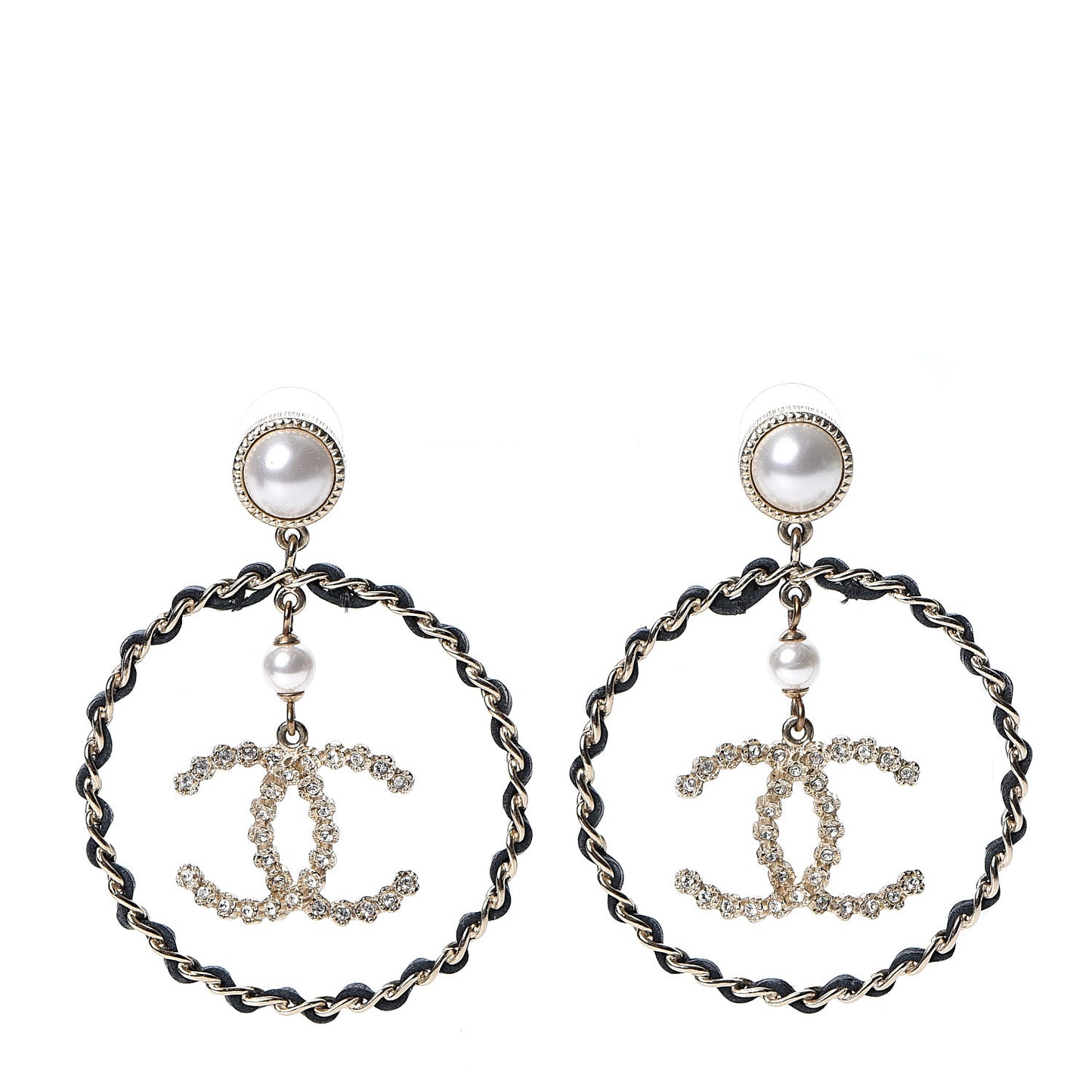 Lambskin Crystal Pearl CC Chain Hoop Earrings Gold Black