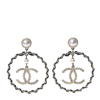 Chanel Lambskin Crystal Pearl CC Chain Hoop Earrings Gold Black 1 of 5