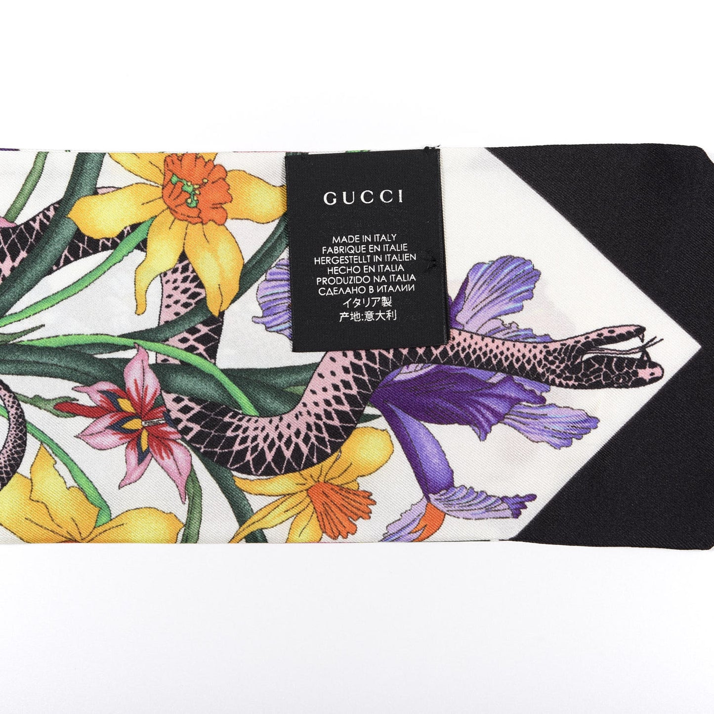 Silk Twill Flora Snake Neck Bow Scarf Ivory Black