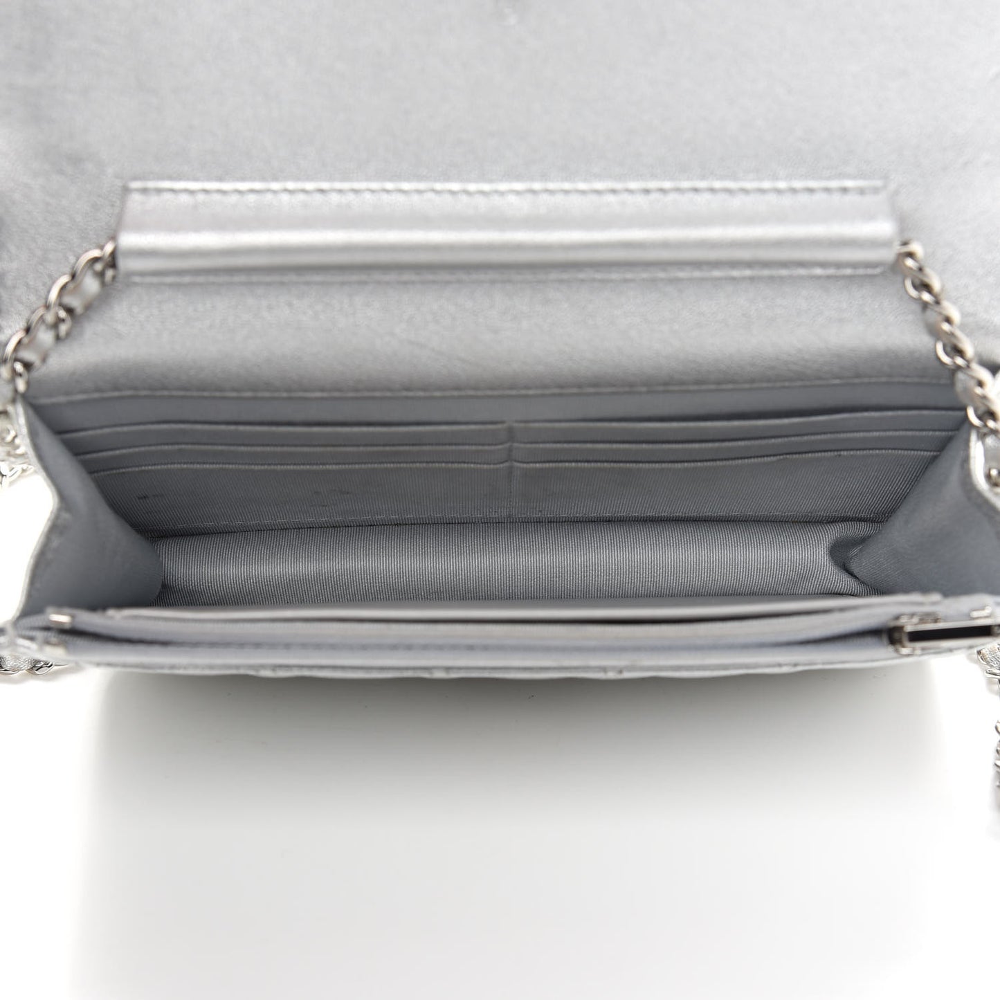 Metallic Lambskin Quilted Wallet On Chain WOC Silver