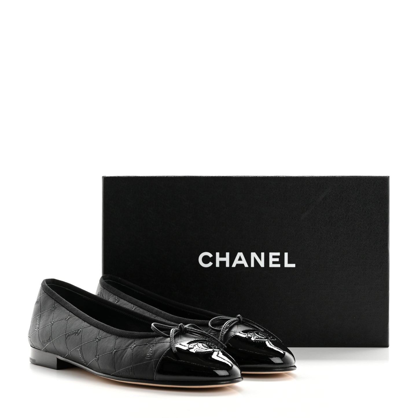Printed Lambskin Patent Cap Toe Ballerina Flats 37.5 Black