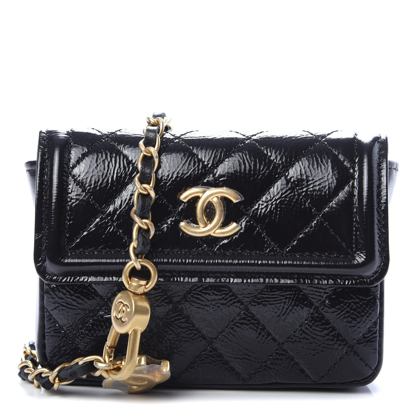 Shiny Aged Calfskin Quilted Waist Belt Bag Black