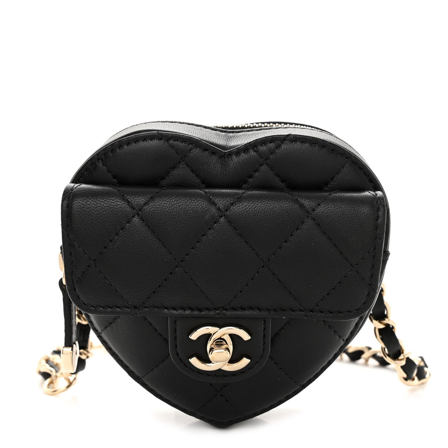 Lambskin Quilted CC In Love Heart Waist Belt Bag With Chain Black