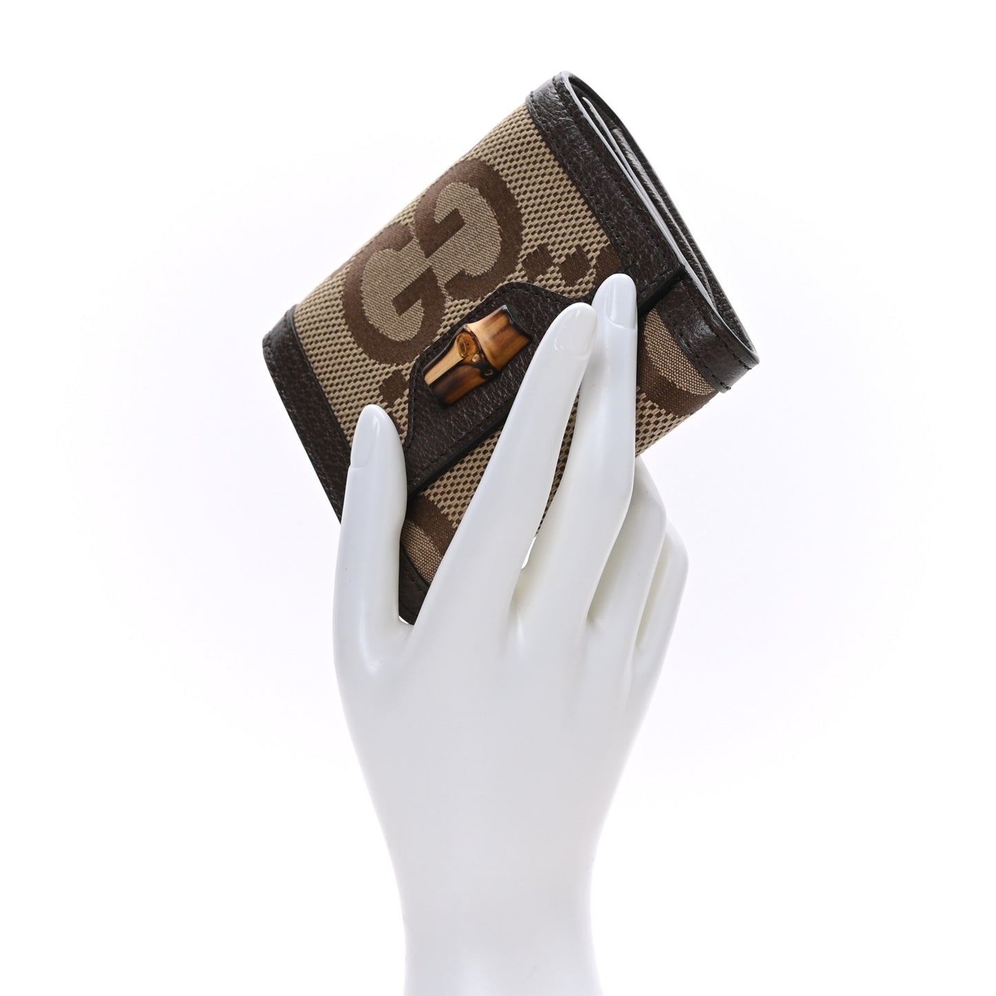 Monogram Jumbo GG Textured Dollar Calfskin Diana Compact Wallet Camel Ebony New Acero