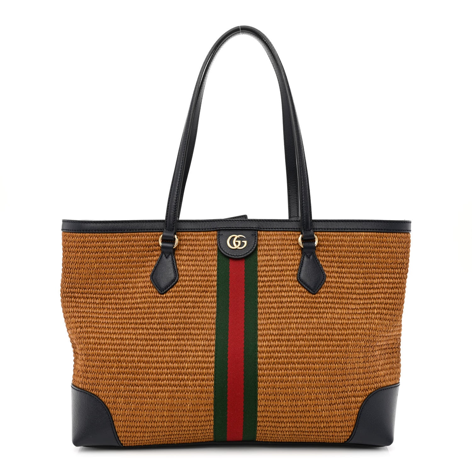 Gucci Straw Lux Calfskin Web Medium Ophidia Shopping Tote Dark Natural Blue 1 of 11